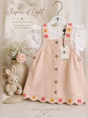 7 For All Mankind 2T Pink Embroidered Jumper Dress & Eyelet Tee Set NWT